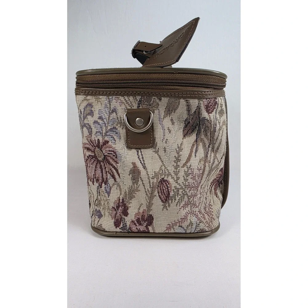 Jordache Train Case Womens Brown Floral Tapestry Makeup Vanity Bag Handle VTG